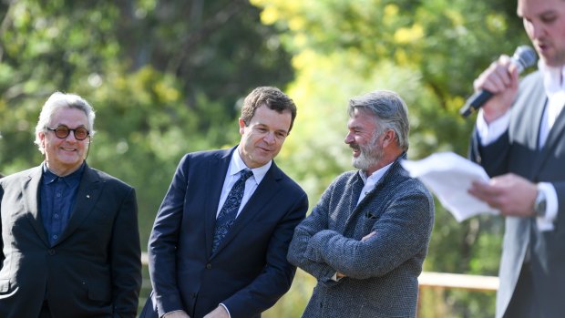 NSW Environment Minister Mark Speakman, accompanied by filmmaker George Miller, Heritage Minister Mark Speakman and actor Sam Neill, makes an announcement about the future of Tropfest at Old Government House in Parramatta Park. 
