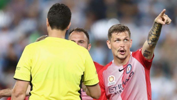 Michael Jakobsen of Melbourne City makes his point to referee Kris Griffith-Jones.