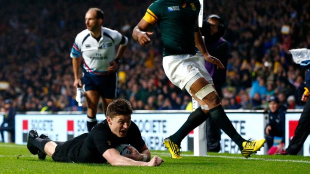 All Black's Beauden Barrett scores the second New Zealand try.