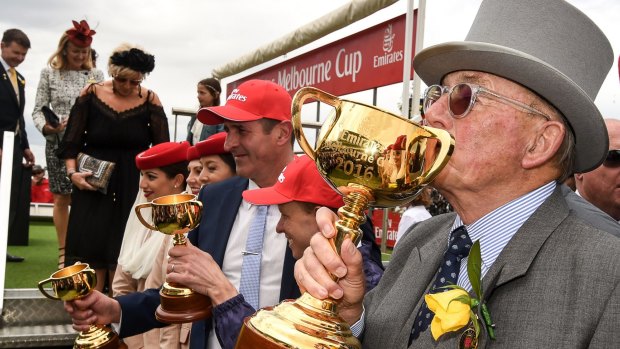 Lloyd Williams enjoys his latest Melbourne Cup win with Almandin. 