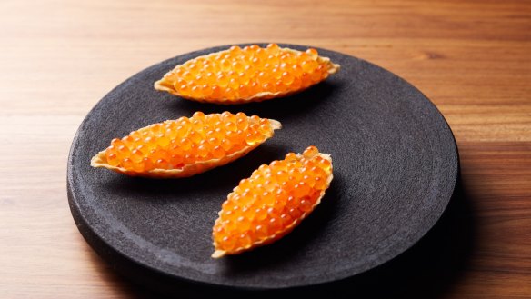 Roe roe roe your boat: Tartlets of salmon roe and bonito cream at Oscar's, below Scott Pickett's new restaurant Matilda in South Yarra.