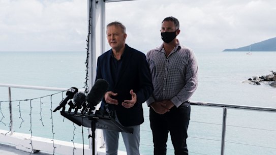 Press conference with the leader of the Australian Labor Party Anthony Albanese with Labor Candidate for Dawson, Shane Hamilton. Photographed at Coral Sea Resort at Airlie Beach. 

Photographed Tuesday 11th January 2022. Photograph by James Brickwood. SMH NEWS 220111