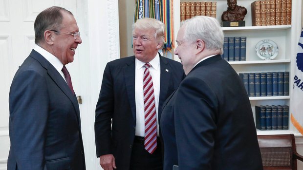US President Donald Trump with Russian Foreign Minister Sergey Lavrov, left, and Russian ambassador to the US Sergey Kislyak in the White House in May.