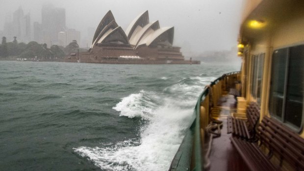 ?Christopher Getts - 0468656347 christopher.getts@fairfaxmedia.com - chris@studio-1a-sydney.com Onboard a Manly ferry before services were cancelled, during Sydney's storm, 5 June 2016. Photo Christopher Getts