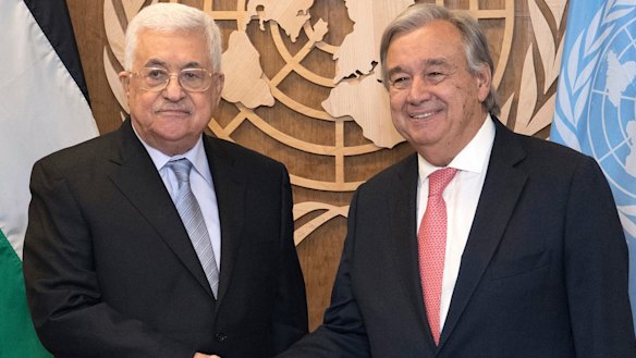 Palestinian President Mahmoud Abbas with United Nations Secretary General Antonio Guterres in September.