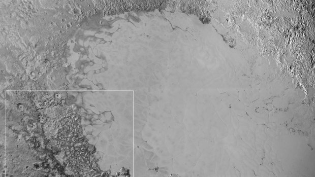 Mosaic of high-resolution images of Pluto, transmitted by NASA's New Horizons spacecraft. The white rectangles indicate a large region of jumbled, broken terrain (to the left) and a region containing dark, ancient terrain alongside bright, new terrain and the enigmatic field of 'dunes'.