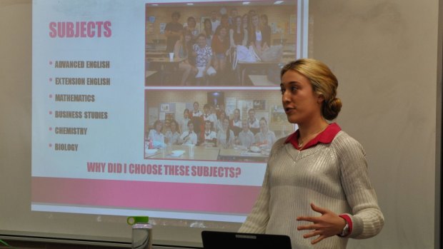 Young scientist Ashleigh Morgan addresses students at The Hills Grammar School, Kenthurst.