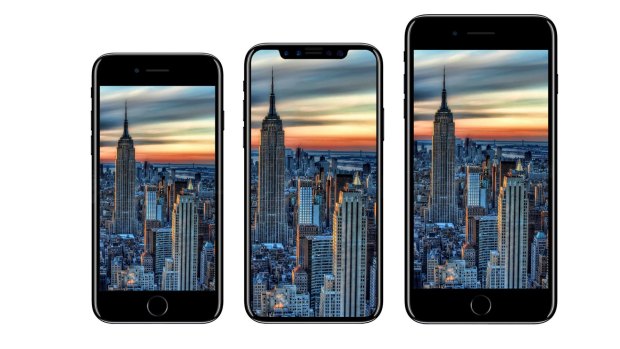 Three iPhones: Designer Benjamin Geskin imagines the new model (centre), compared to two resembling the 7 and 7 Plus.
