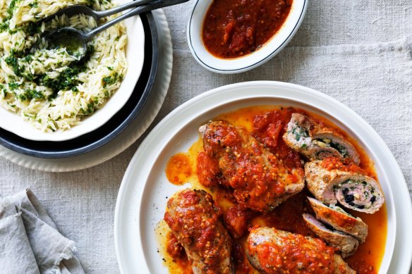 Neil Perry's veal involtini with herbed orzo (pictured left).