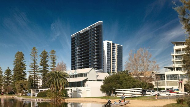 An artist's impression of the first project to be approved, modest at 20 storeys when compared to the 30, 40 and 50-storey buildings approved in South Perth under unlimited height provisions. 
