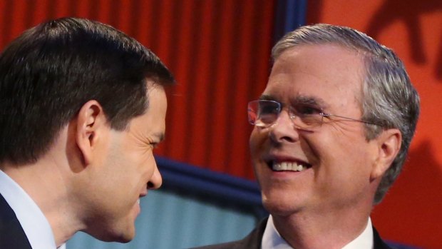 Jeb Bush with his erstwhile protege turned presidential rival, Florida senator Marco Rubio.