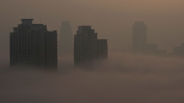 Heavy air pollution in Wuhan city in China in February. 