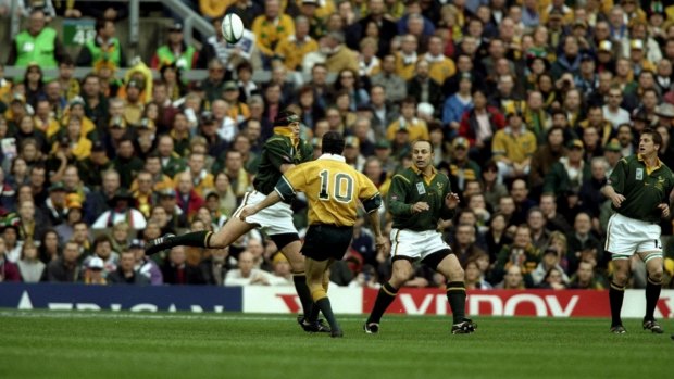 The moment:  Stephen Larkham kicks the winning field goal for Australia in the 1999 Rugby World Cup semi final.