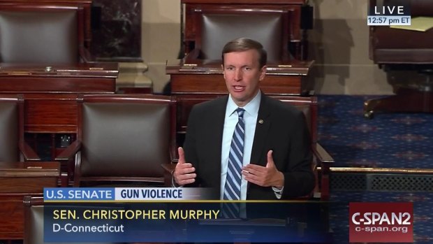 Filibuster: Chris Murphy on the floor of the Senate during the filibuster demanding a vote on gun control measures.  