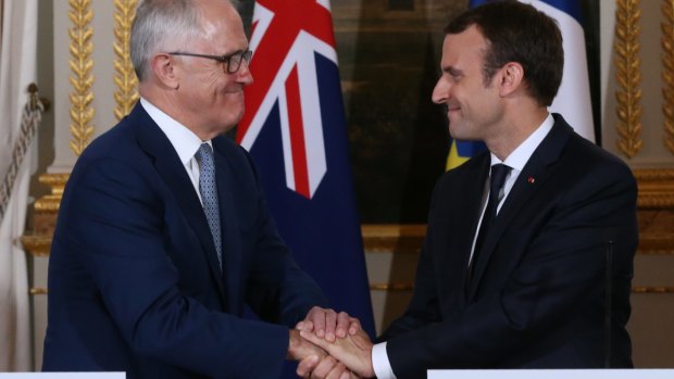 Malcolm Turnbull with French President Emmanuel Macron at the Elysee Palace in Paris on Saturday.
