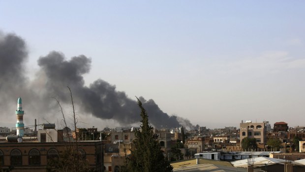 Smoke rises after a Saudi-led airstrike hits an airbase in Sanaa, Yemen.