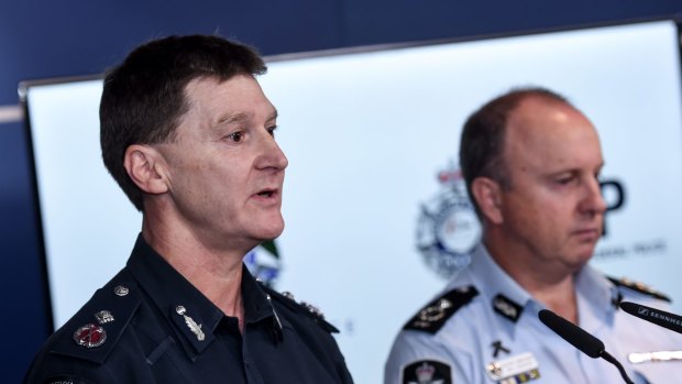 Victoria Police Deputy Commissioner Shane Patton (left) and AFP Assistant Commissioner Neil Gaughan speak about the five men who were apprehended in Cairns. 