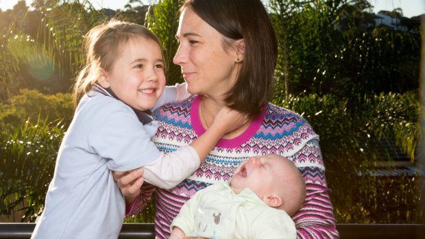 Anouk Sireude with her children, Mila Hauptmann, 5, and Bill Hauptmann, 6 weeks, in their Bardwell Park, Sydney home.