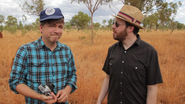 Melbourne musician Darren Hanlon, left, with Eric Isaacson, on the Wayward Bus Tour in outback Australia.