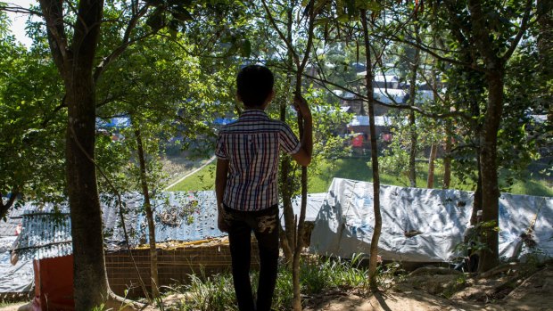 Wazir, 10, looks over Balukhali camp in Bangladesh, where he lives with hundreds of thousands of other Rohingya who have fled violence in Myanmar.