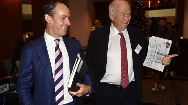 Ten CEO Paul Anderson, left, and director Jack Cowin arrive at the annual meeting in Sydney on Wednesday.