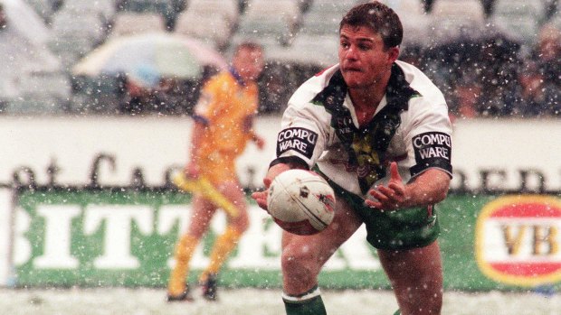 Simon Woolford playing in the memorable Raiders snow game in May, 2000. Both Chris and Phil reckon it's the game that sticks in their memory most.
