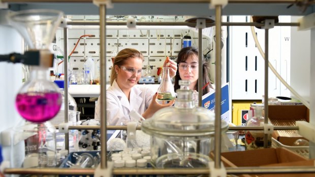 High achievers: Former HSC students Emma Watson and Vicky Stanojevic in the science lab at Sydney University.
