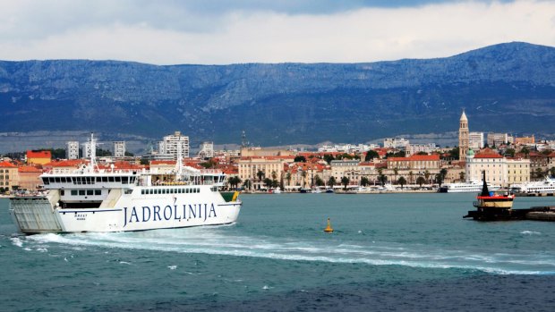 A Jadrolinija ferry enters the port in Split, Croatia.