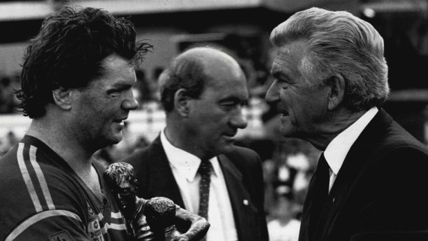 Spiritual home: Manly captain Paul Vautin accepts the trophy from Prime Minister Bob Hawke when the rugby league grand final was last held at the SCG in 1987.