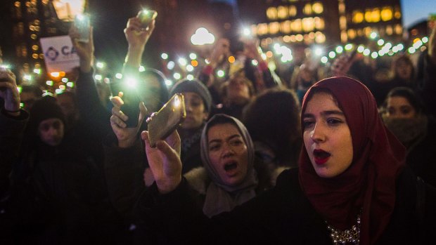 Muslim women during a New York protest against President Donald Trump's order banning refugees and visitors from some Muslim countries.