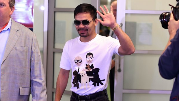 Down for the count: Manny Pacquiao arrived in Brisbane on Monday, as the count down to his clash with Australian Jeff Horn draws ever closer.