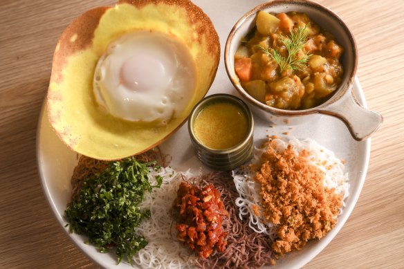 Hip Hopper: a brunchy tasting plate featuring an egg hopper, string hopper, curry (fish, chicken or veg) and condiments.