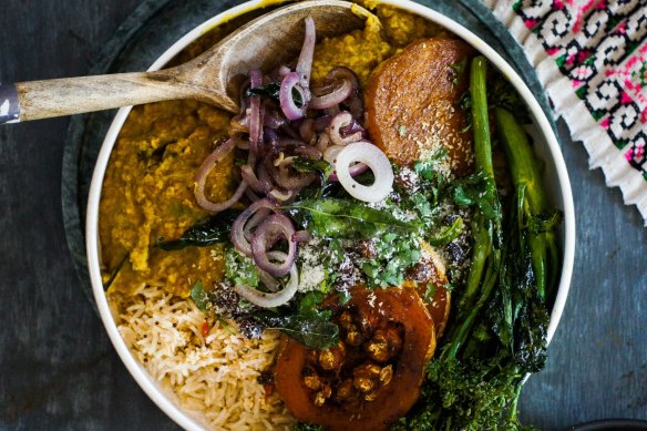 Like a hug in a bowl: Peshwari topped dhal with curry-roasted pumpkin and greens.