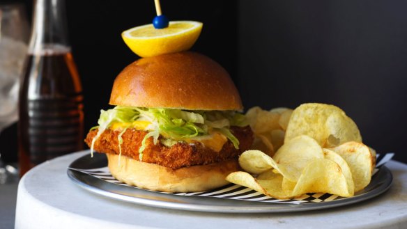 BBPB's crispy fish sandwich with crisps. 