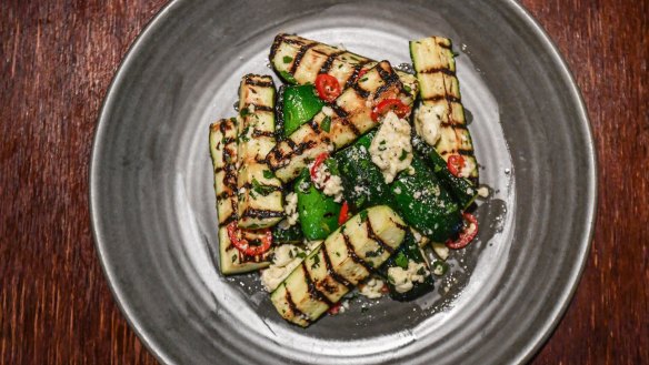 Grilled zucchini with chilli and feta.