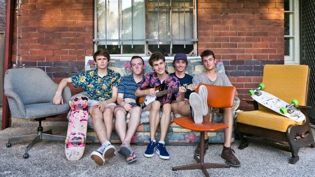 Marrickville flatmates Arlo Alexander-Meylan, Harry Gregg, Nikita Podlasov, Tom Grimes and Isaac Ewald filled their share house with furniture collected at curbside pickup and transported home on their skateboards. 