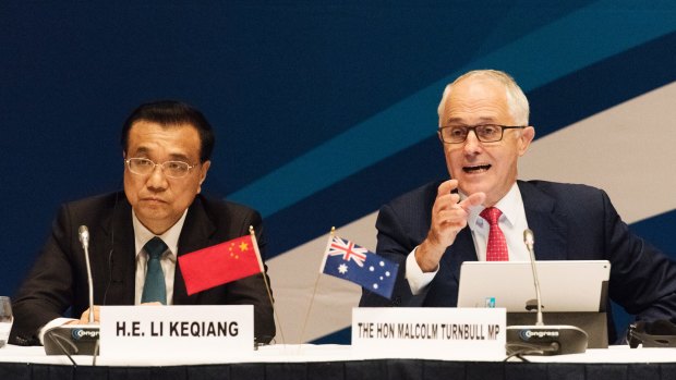 Australian Prime Minister Malcolm Turnbull with Chinese Premier Li Keqiang in Sydney. 