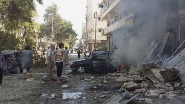 The site of an air strike in Al-Bab on the outskirts of Aleppo, Syria. 