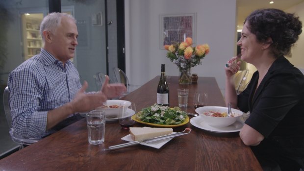 Malcolm Turnbull and Annabel Crabb on the ABC's Kitchen Canbinet.
