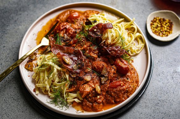 Katrina Meynink's roasted fennel, tuna and chilli pasta with crispy prosciutto.  