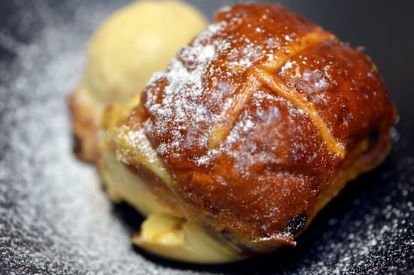 Hot cross bun, bread and butter pudding for Easter (or post-Easter).