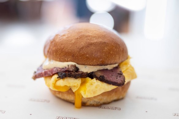 Breakfast Sammy with LP's brisket pastrami, cheese and folded egg.