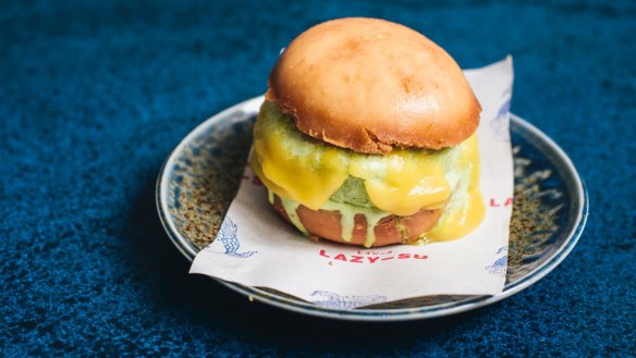 Bao ice-cream sandwich with green tea ice-cream, and butterscotch.