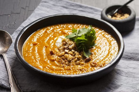 Curried roasted pumpkin soup with tamari nuts. 