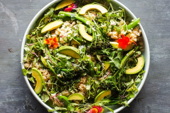 Miso rice, edamame and charred greens salad.