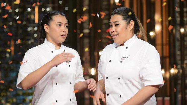 Tasia (left) and Gracia Seger are announced as winners of the 2016 season of <i>My Kitchen Rules</i>.
