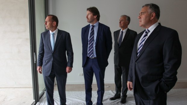 Prime Minister Tony Abbott (left) and Treasurer Joe Hockey (right) at Putney Hill development in Ryde on Saturday.