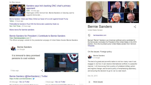 A search for "Bernie Sanders" shows the feature at work, placing Sanders' latest uploads just under the 'News' entries, and a link to his self-authored stances on various issues on the right. 