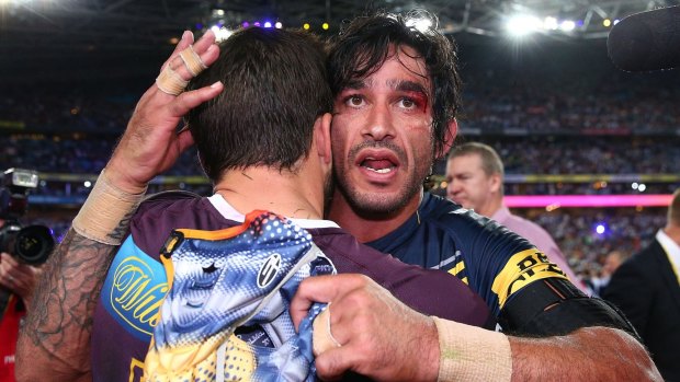 Hold your head up high: Johnathan Thurston had nothing but words of encouragement for Hunt after his horror end to the match. 