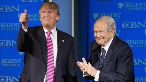 "Nobody reads the Bible more than me": Donald Trump with Reverend Pat Robertson - getting support from evangelicals.